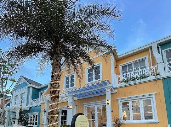 A colorful building features a blend of orange and teal exteriors, bordered by palm trees. Large windows provide natural light, and a wooden pergola adds architectural interest. The inviting architectural design showcases distinct coastal charm.