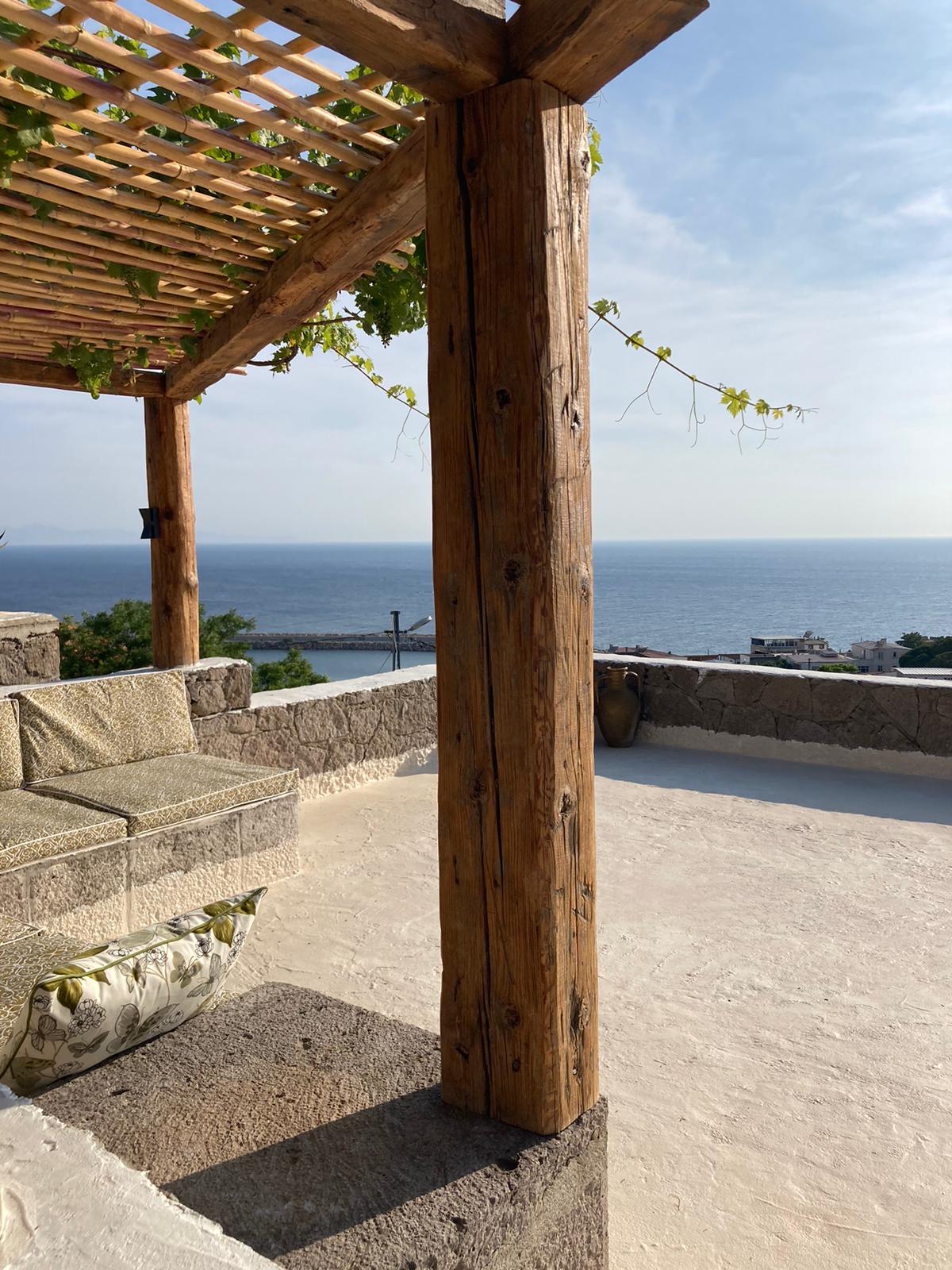 A wooden pergola frames a spacious area overlooking the sea. Comfortable seating is available, complemented by a decorative pillow. The ocean is visible in the background, enhancing the serene ambiance of the terrace.