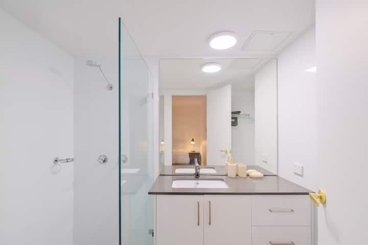 Spacious, freshly renovated bathroom with all amenities needed for both short and long stays.