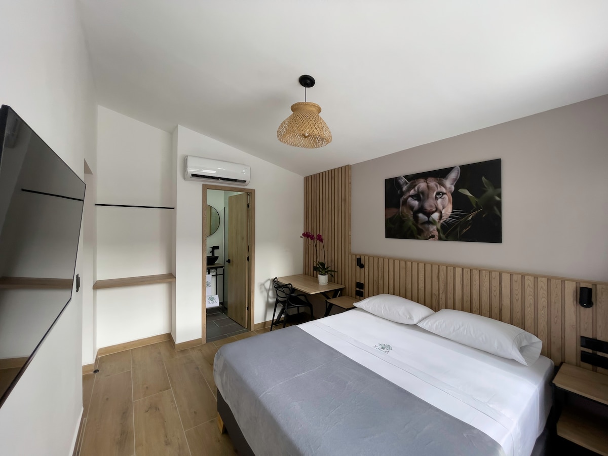 A well-lit guest room features a spacious bed with neutral bedding and a decorative accent wall behind it. A wooden desk and chair are positioned next to the bed, while a large flat-screen TV is mounted on the wall opposite. Air conditioning and natural light enhance the ambiance.