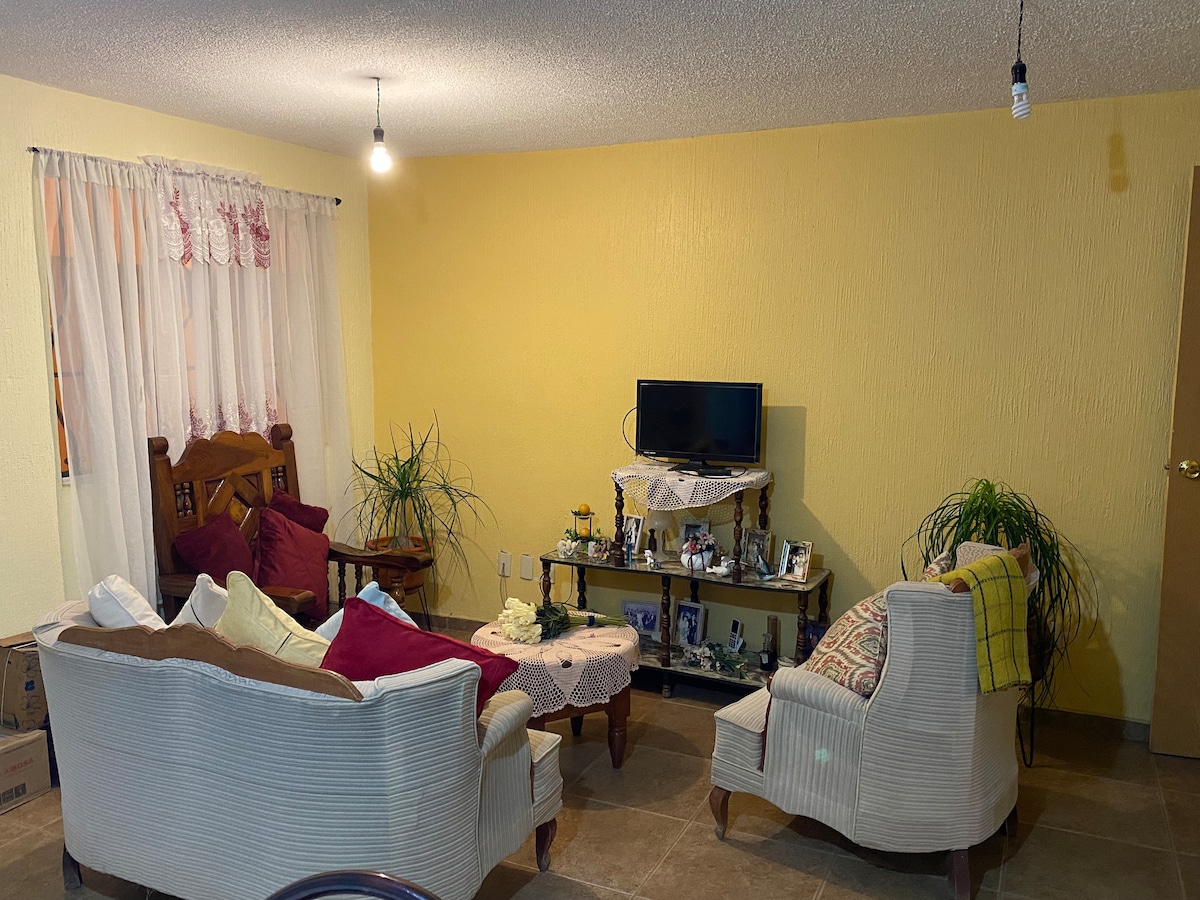 A living area is highlighted by a cozy arrangement of two armchairs and a sofa, each adorned with cushions. A small wooden table displays personal items, and a television is mounted on the wall. Potted plants add greenery, while warm yellow walls contribute to the space's inviting ambiance.