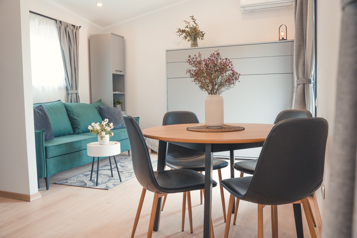 A cozy living space features a green sofa paired with decorative pillows, complemented by a round dining table with black chairs. A simple centerpiece with flowers rests on the table. Soft natural light filters through the curtains, enhancing the minimalist design.