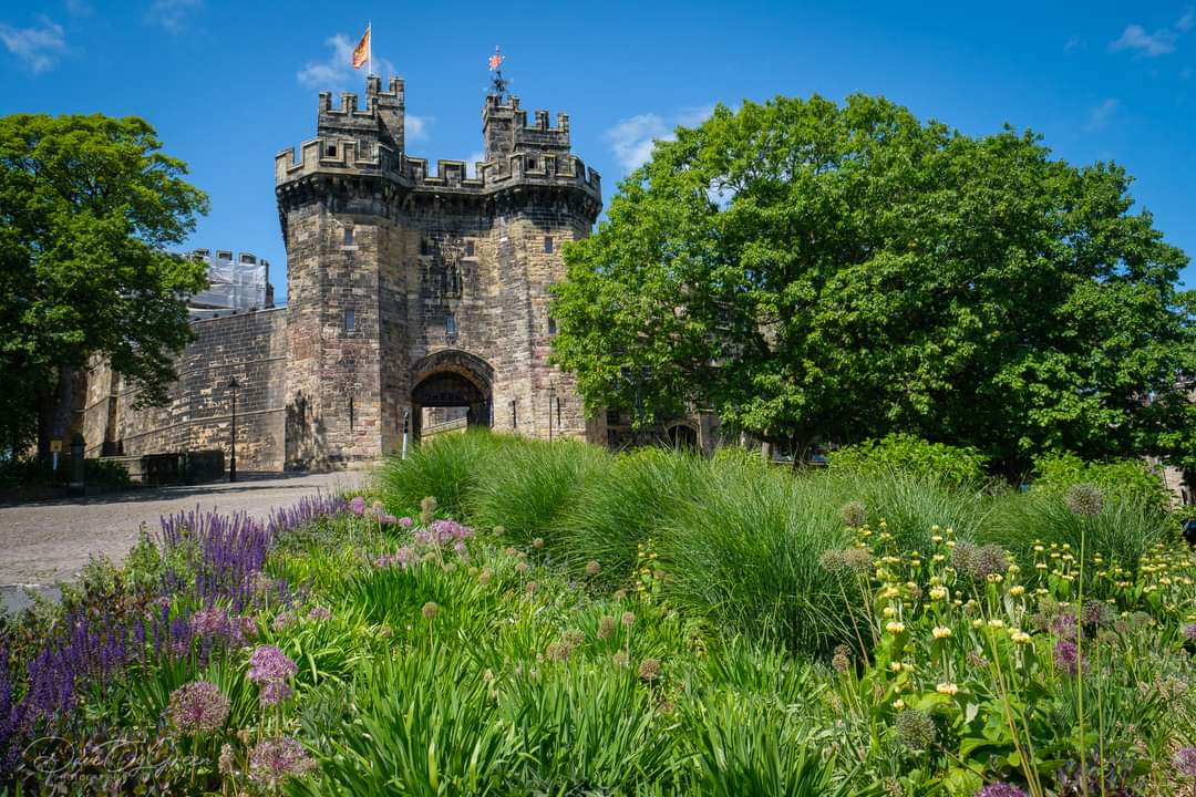 A historic castle entrance is framed by lush greenery and colorful flowerbeds. The structure features prominent stone towers, and flags fluttering above. The surrounding landscape includes vibrant trees and ornamental plants, contributing to the scenic view of the castle's exterior.