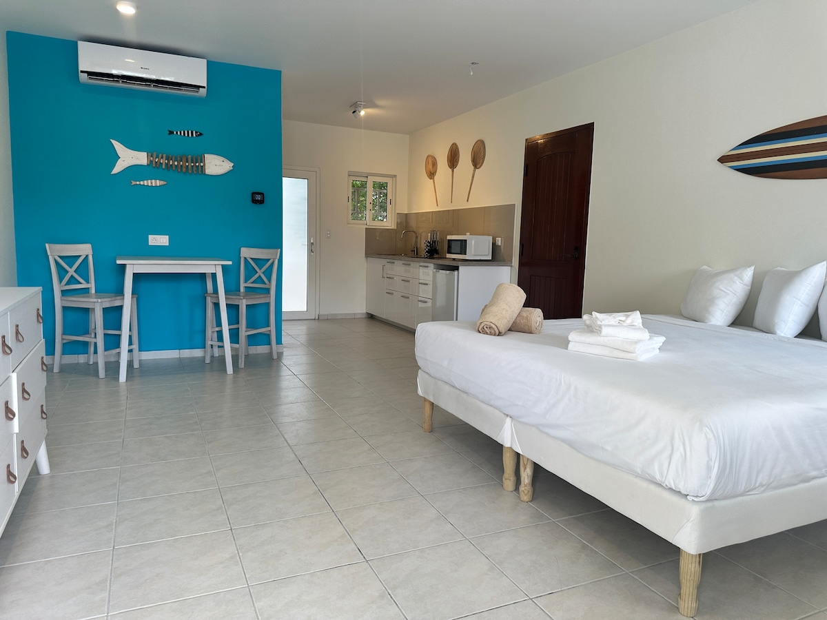 The studio apartment features a spacious bed with crisp linens and a decorative accent wall in vibrant blue. A small dining table with two chairs is positioned beside the kitchenette, which includes a microwave and other essential appliances. Natural light enters through the nearby door.