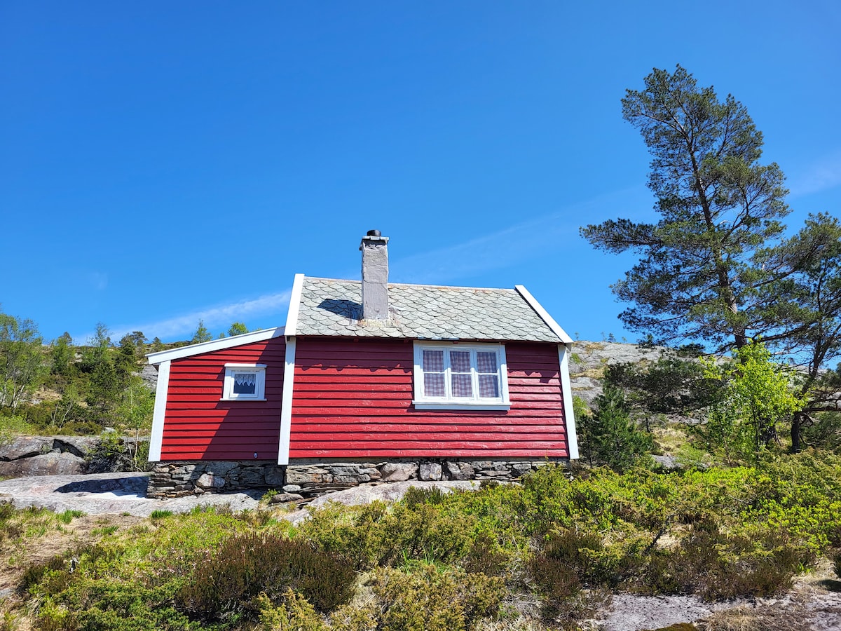 A charming red wooden cabin is set against a clear blue sky, featuring a stone chimney and white window frames. Surrounding greenery and rocky terrain enhance the cabin's rustic appeal, highlighting its integration into the natural landscape.