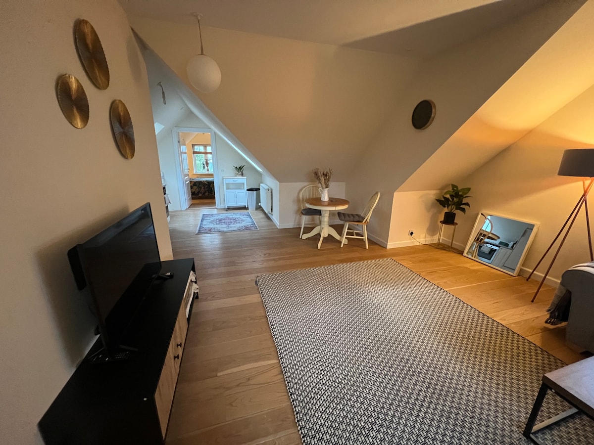 A spacious living area is highlighted by warm wood flooring. A television is positioned on a low cabinet, while a small dining table with two chairs is situated near a window. A decorative mirror, houseplant, and soft lighting enhance the inviting ambience.