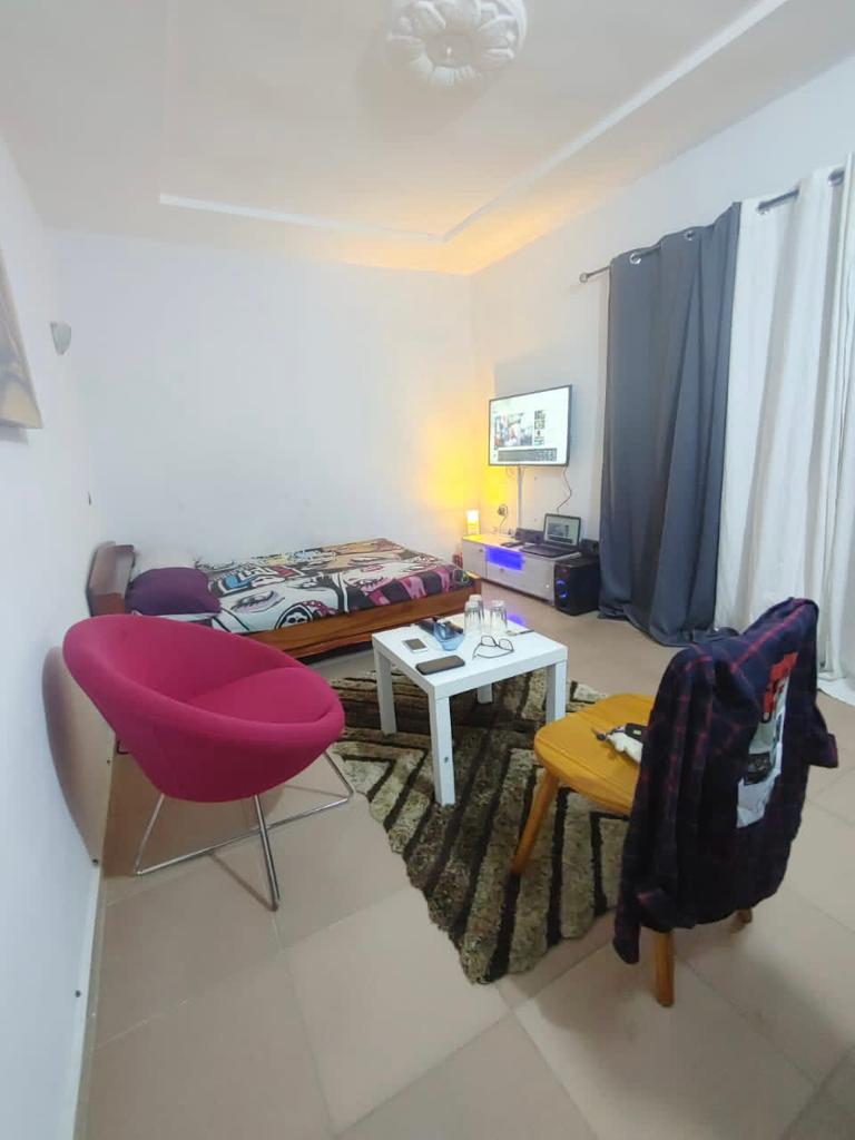 A studio space is furnished with a colorful bedspread over a spacious bed. A small white table and a wooden chair accompany a pink armchair. A television mounted on the wall provides entertainment, while soft lighting creates a cozy atmosphere. Light-colored curtains frame a window.