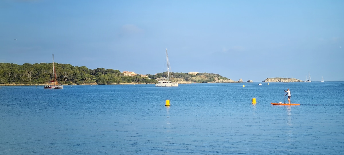 A calm blue lagoon is depicted, with a person on a paddleboard gliding over the water. Sailboats are anchored in the distance near a tree-lined shore, while yellow buoys are visible in the foreground, marking safe areas.