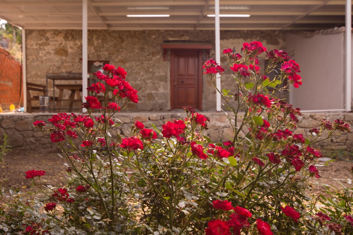 Vibrant red roses bloom in the foreground, adding a splash of color to the scene. The rustic stone structure is visible in the background, featuring a wooden door and a covered patio area that invites outdoor relaxation.