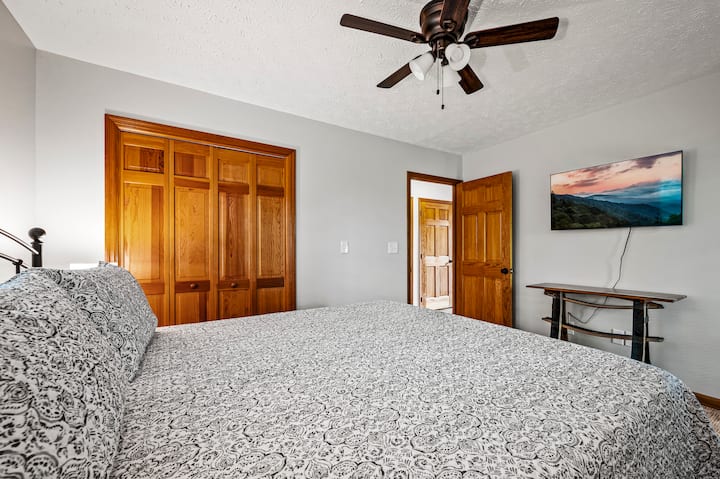 Amplio dormitorio en la planta principal con una cama tamaño king, televisor de 43 pulgadas con Roku, amplio espacio en el armario y una puerta exterior a la bañera de hidromasaje.
