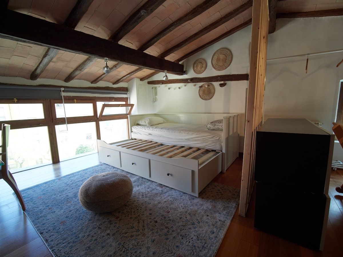 Loft floor. It has two 90 x 200 beds and a 140x200 futon.