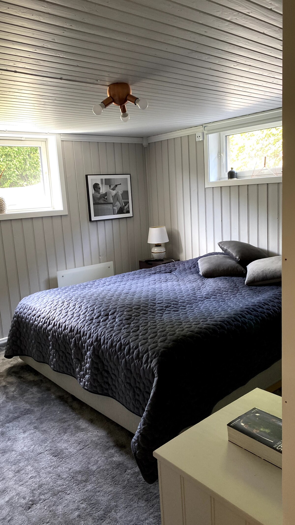 A cozy bedroom features a large bed with dark bedding and two pillows. Natural light enters through two windows, illuminating the light gray walls. A bedside lamp and a framed picture add to the room's comfort, while a soft rug is placed underfoot.