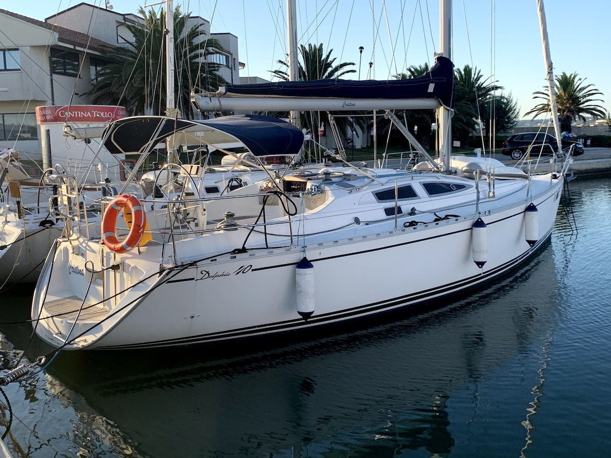 A sleek sailing boat is docked in tranquil waters, showcasing its white exterior with black accents. The vessel features multiple fenders and a canopy, surrounded by palm trees and modern buildings, reflecting a calm marina atmosphere.