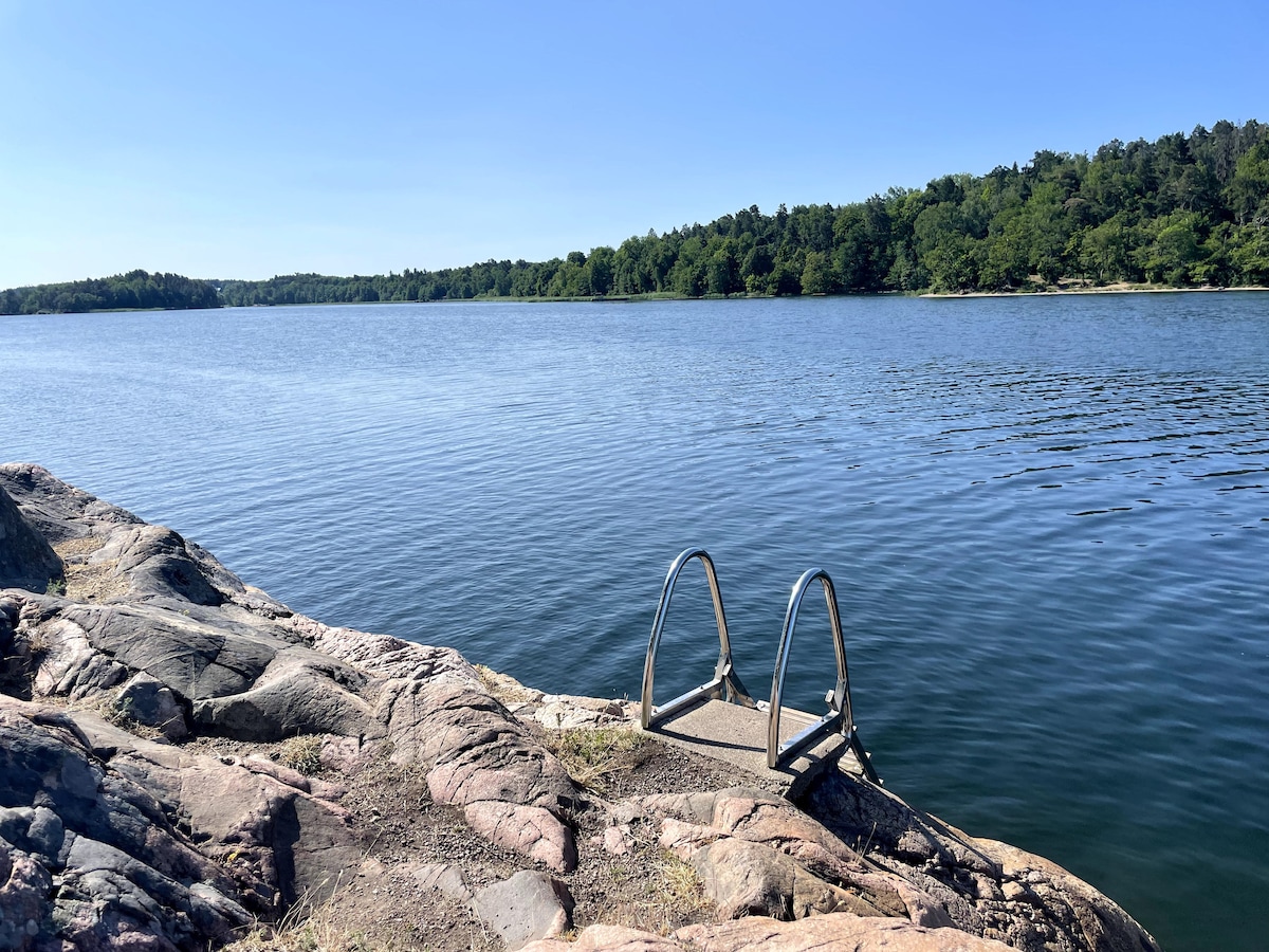 A rocky shoreline is visible, leading to calm waters reflecting the clear blue sky. A metal ladder is positioned on the rocks, offering access to the water. Lush greenery lines the opposite shore, completing the serene lakeside view.