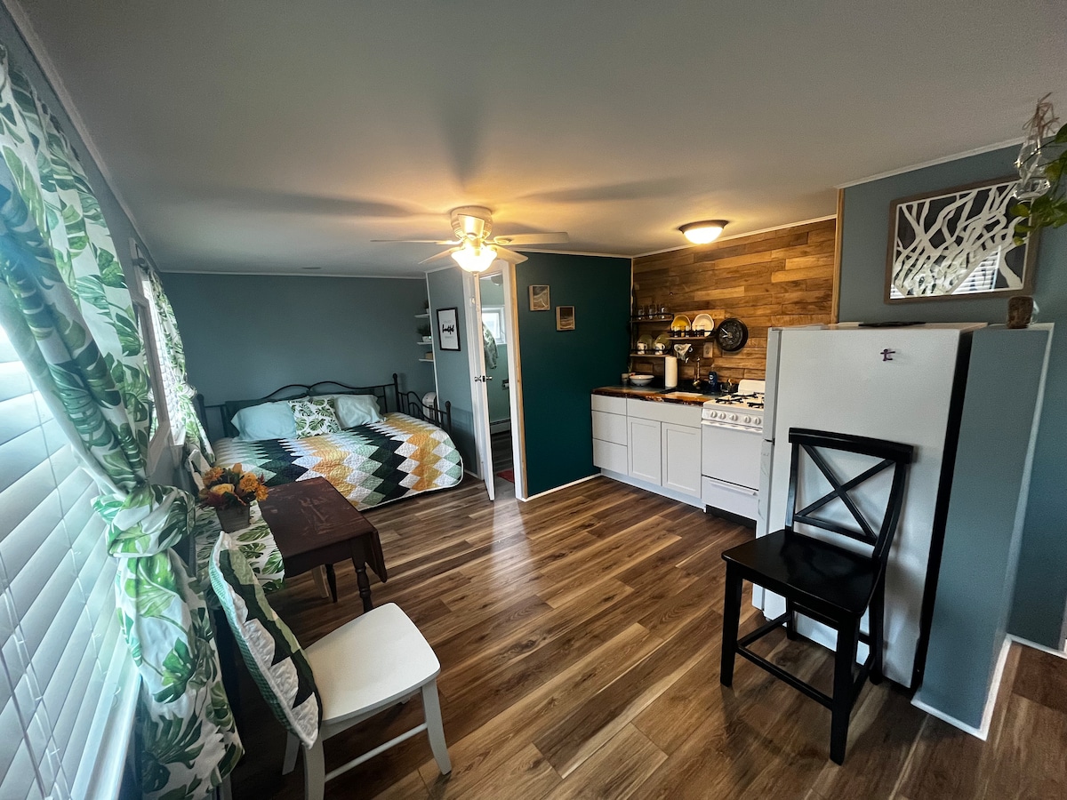 A bright studio interior features a cozy sleeping area with a patterned quilt and natural light streaming through white, slatted blinds. A compact kitchen is visible with well-organized appliances, while a small dining space with two chairs offers a view of the living area.