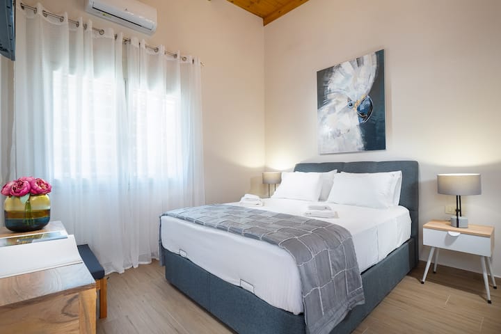 优雅的卧室，配有标准双人床、柔和的灯光和极简主义美学。