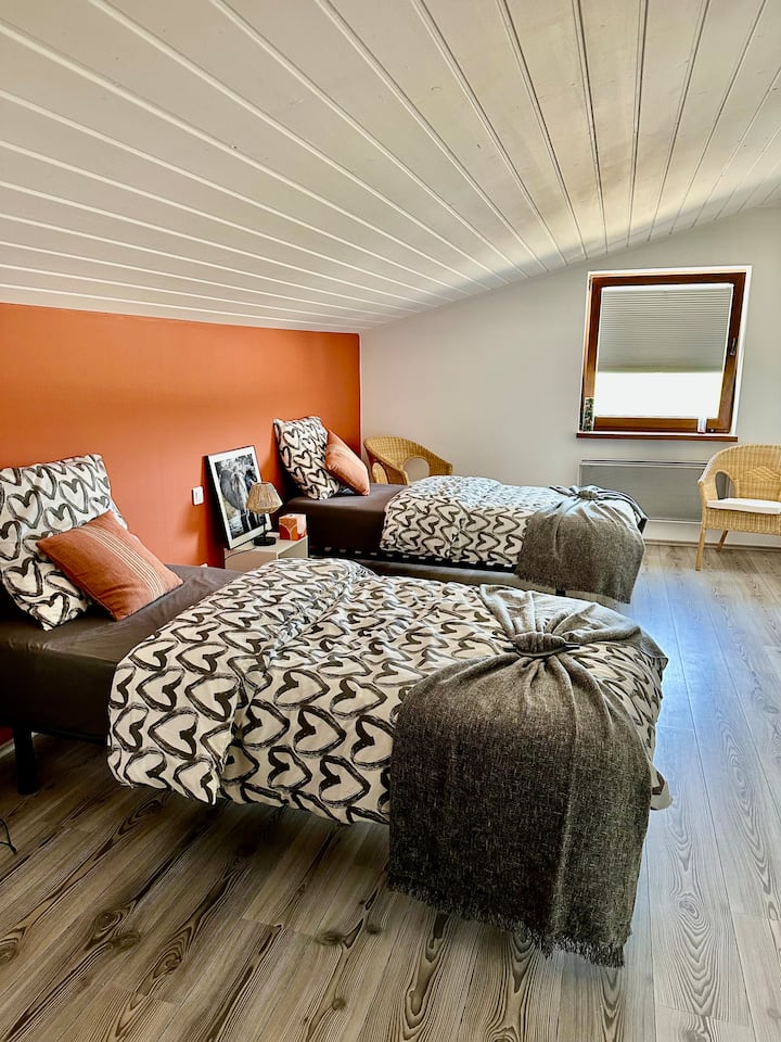 Habitación acogedora con dos camas cómodas, ideal para alojar a amigos, compañeros de trabajo o niños.
