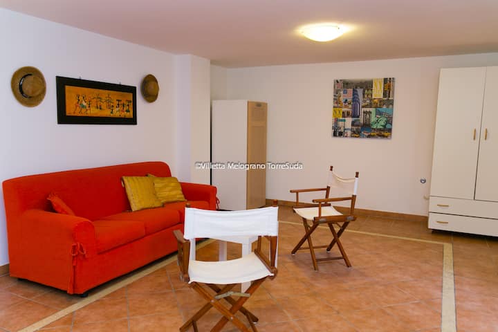 Sala de estar cubierta con sofá, nevera, armario de servicio y tabla de planchar.