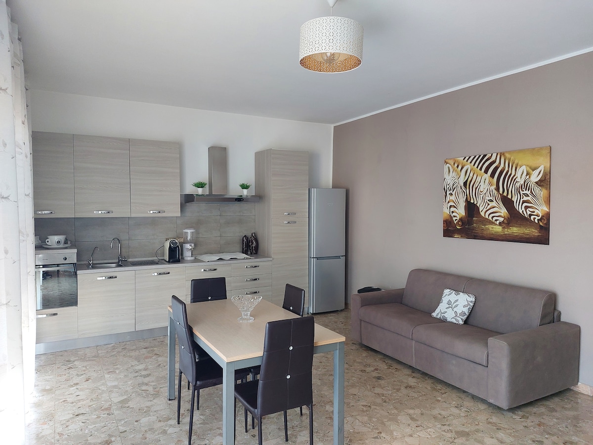An open-plan living area is presented, featuring a modern kitchen with wood-style cabinets and silver appliances. A dining table with four black chairs is positioned next to a comfortable brown sofa. A decorative wall piece displaying zebras adds a unique touch to the neutral-toned walls.