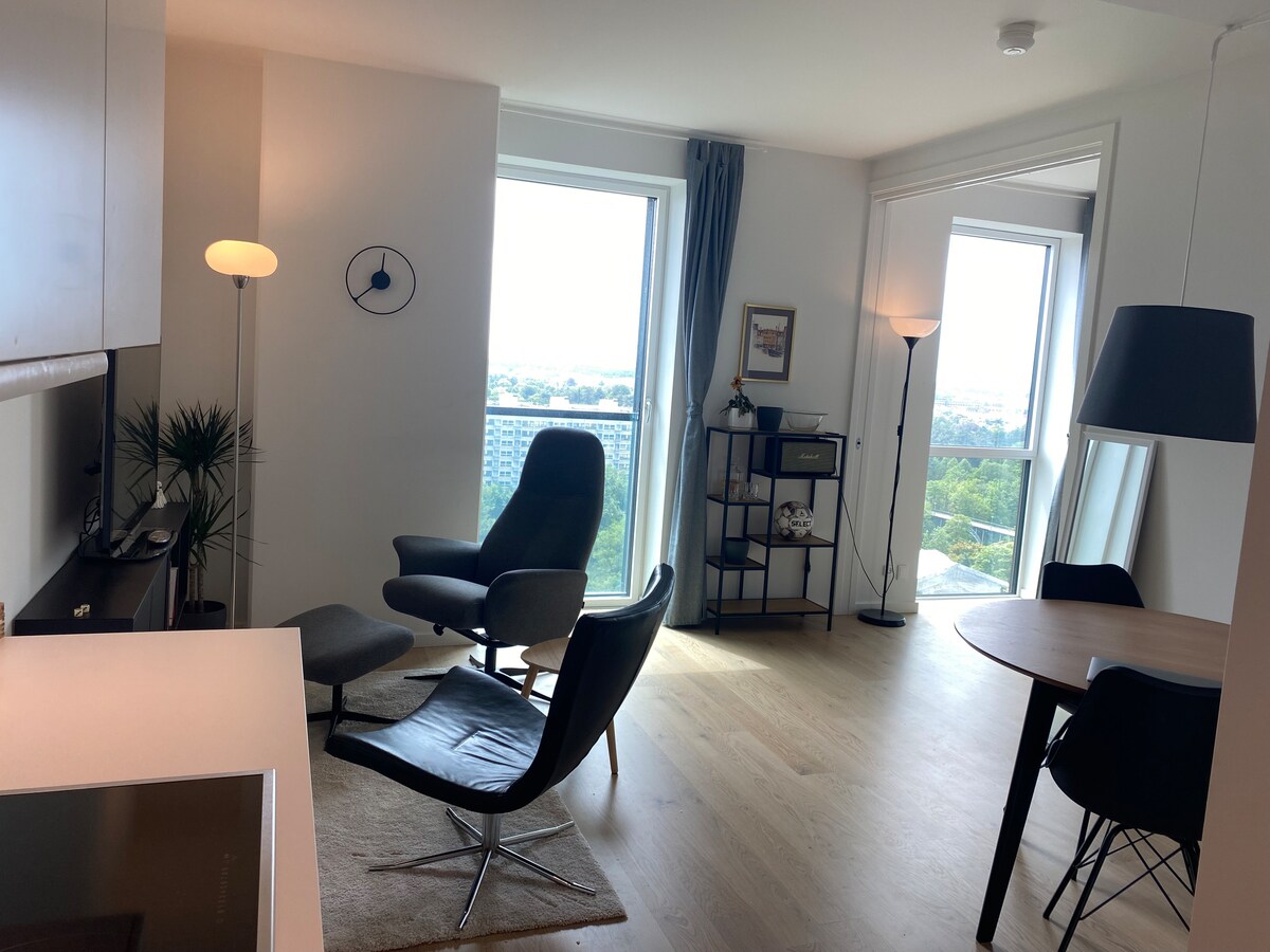 A bright and airy living space features large windows offering a view of the southern part of Copenhagen. Modern furniture includes a dining table, two contemporary chairs, and a lounge chair. Soft lighting is provided by floor lamps, creating a welcoming ambiance.