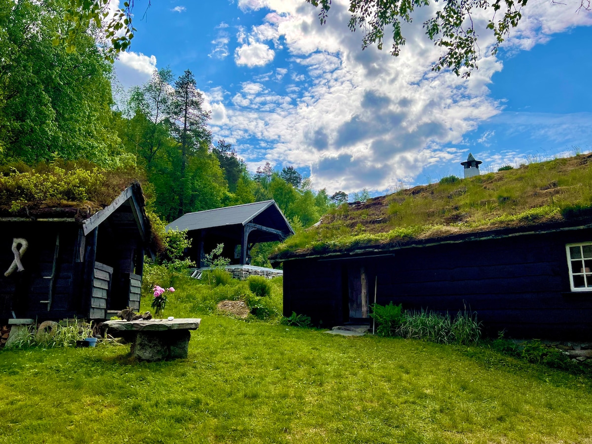 A serene outdoor setting features traditional wooden structures with grass-covered roofs. The lush green grass is bordered by various plants and flowers, enhancing the quiet environment. A stone bench is positioned in the foreground, inviting relaxation amidst nature's beauty.