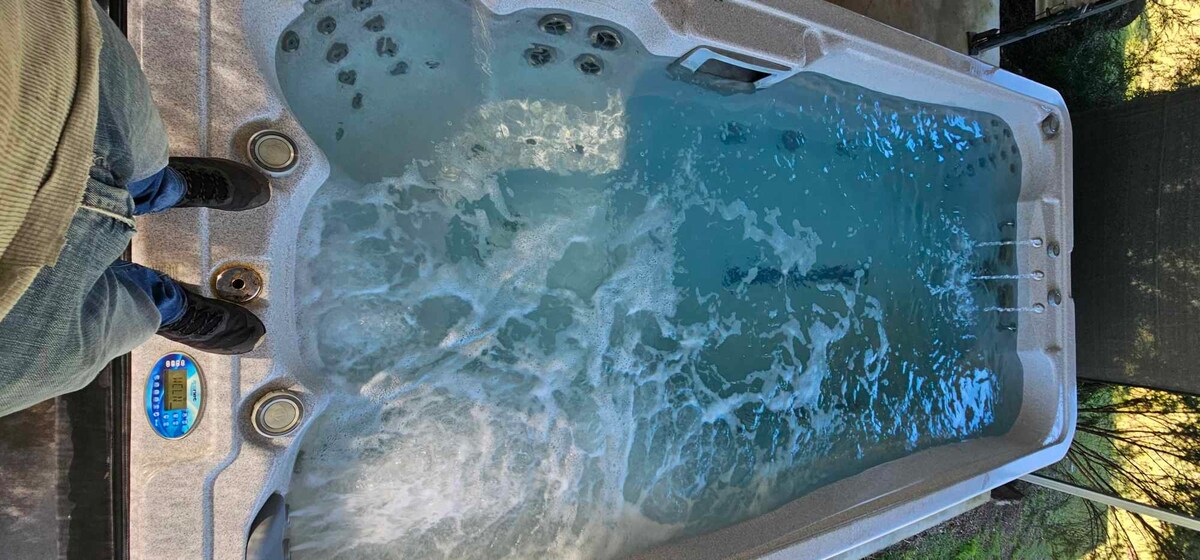 A contemporary swim spa is shown, featuring a clear, bubbling water surface illuminated by natural light. The sleek design includes jets arranged along one side, with a textured edge for safety. The surrounding area offers a glimpse of the tranquil outdoor setting.
