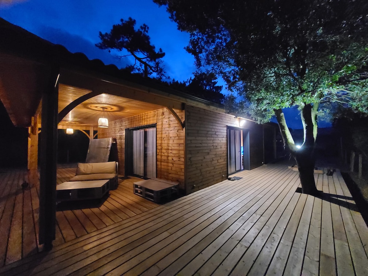 A wooden terrace is illuminated softly by exterior lights, showcasing comfortable seating arrangements. The building features multiple glass doors, creating a seamless connection to the outdoors. Trees provide shade, enhancing the area's natural ambiance during the evening hours.