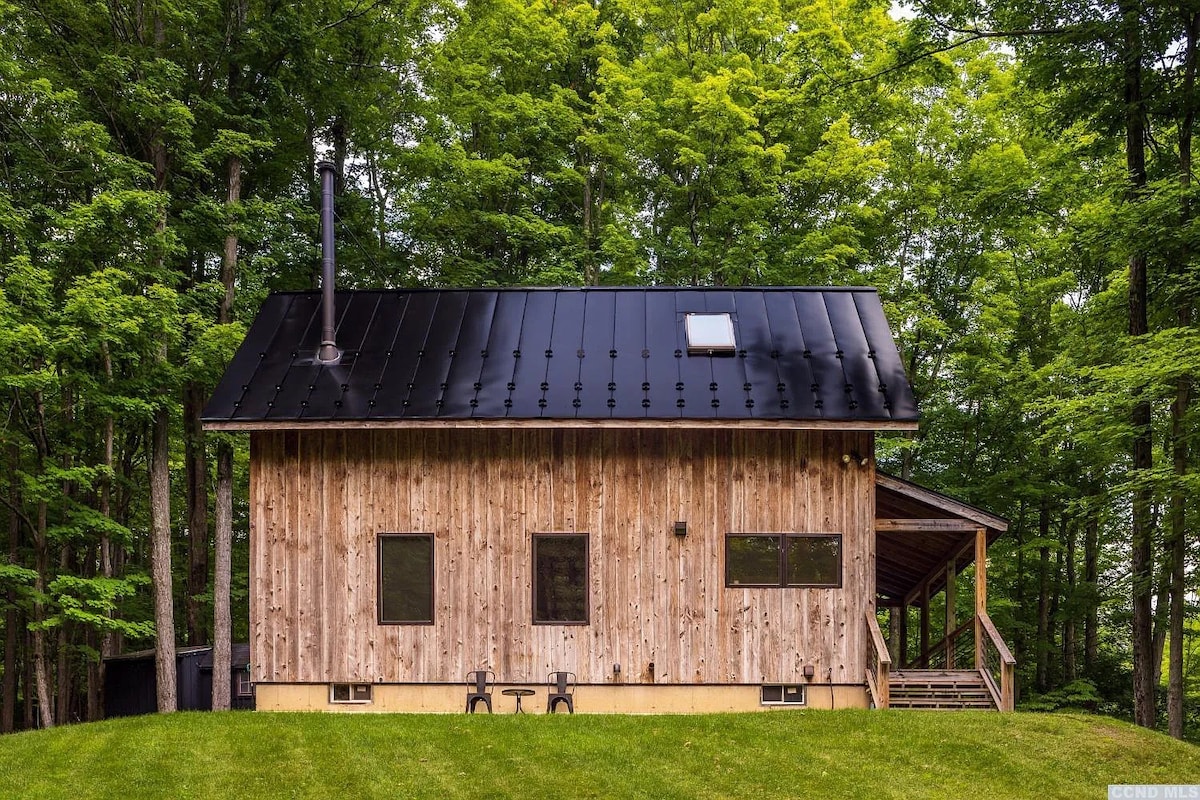 A modern farmhouse features a sloped black metal roof and a rustic wood exterior, surrounded by lush green trees. Two windows and a sliding door are visible on the side, alongside a covered porch that extends down a set of steps.