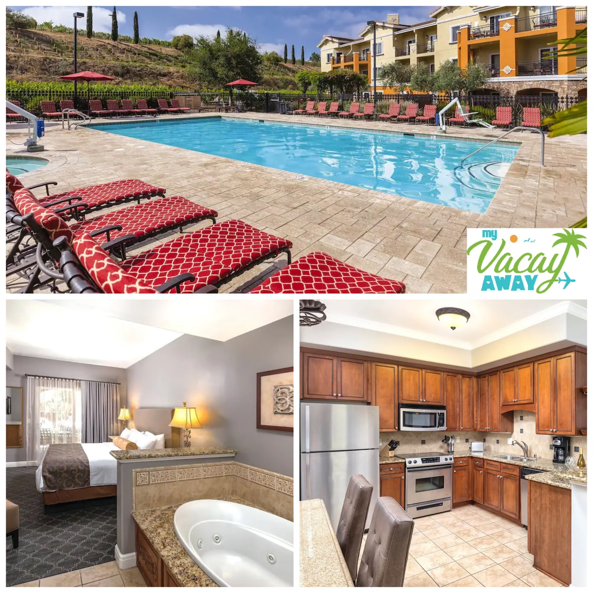 The outdoor pool area features a spacious swimming pool surrounded by comfortable lounge chairs. A well-equipped kitchen with wooden cabinetry and stainless steel appliances is also displayed, along with a cozy bedroom featuring a king bed and relaxing whirlpool tub in the bathroom.