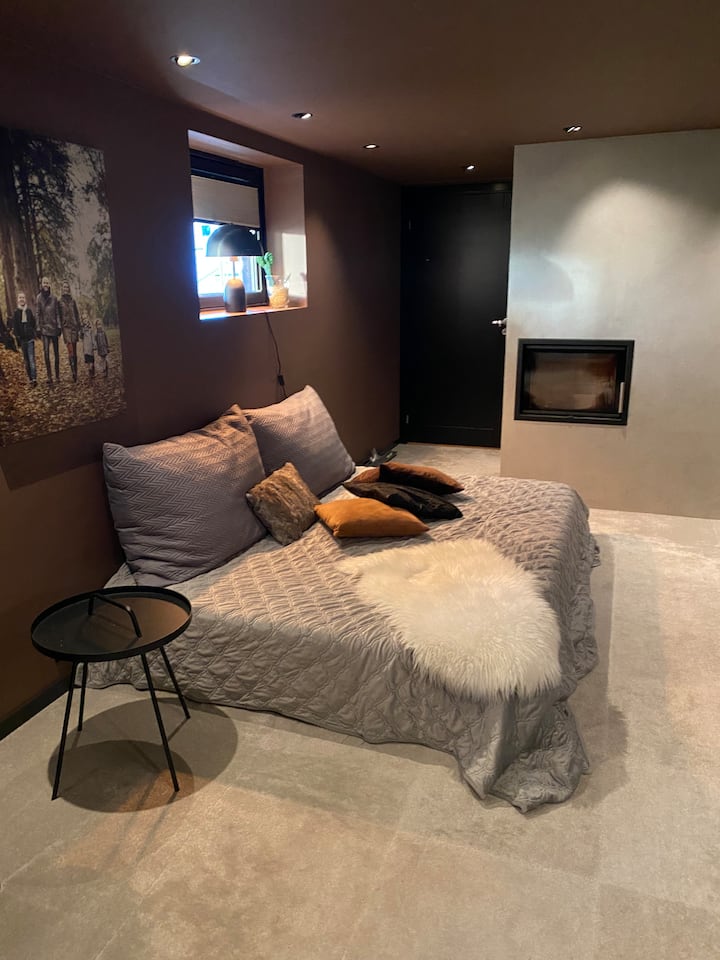 Cama doble en la sala de estar del sótano