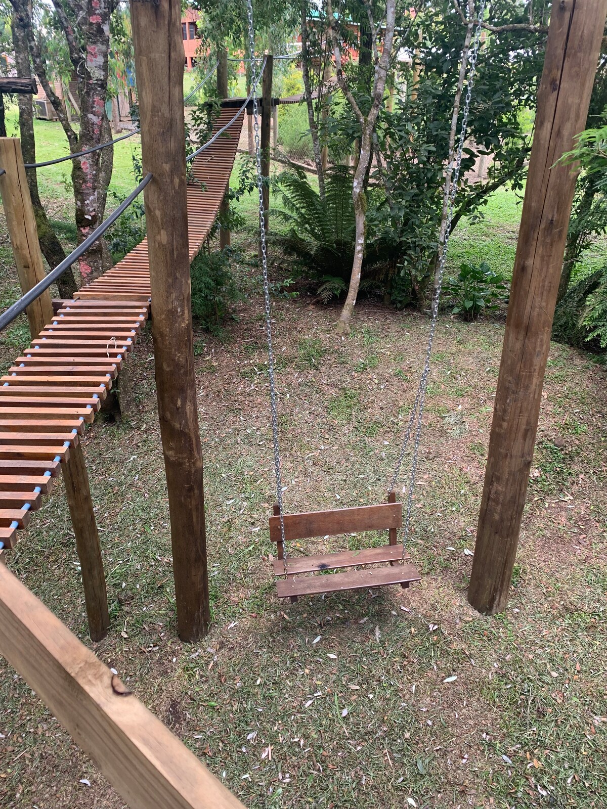An outdoor swing is positioned on a grassy area surrounded by trees. A suspended bridge made of wooden planks connects to another area in the background, inviting exploration. The natural setting provides a peaceful backdrop for relaxation and enjoyment.