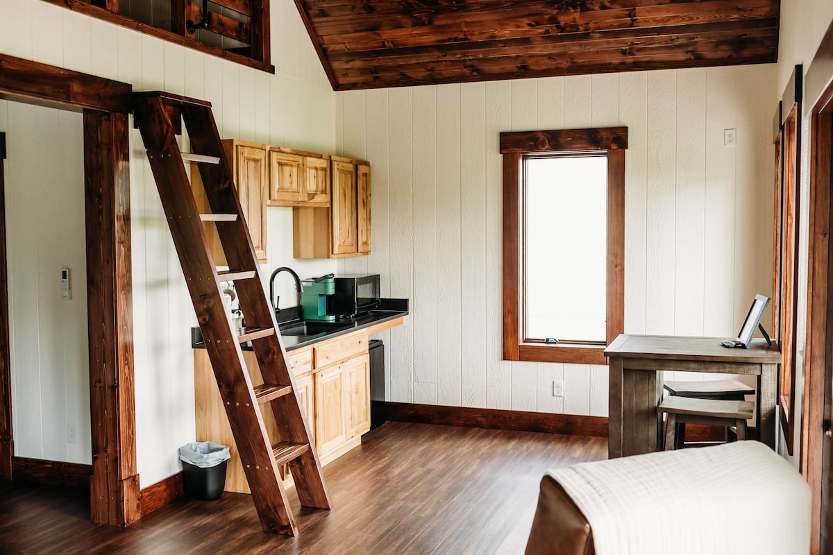 A spacious interior view is presented, featuring wooden cabinetry and a kitchenette against a backdrop of light walls. A ladder leads to an elevated loft area. Natural light enters through a large window, while a dining table and a waste bin complete the cozy setting.