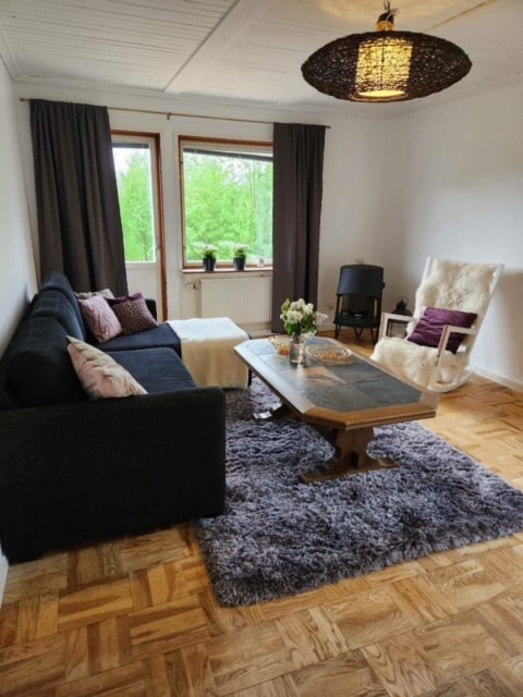 The spacious living room showcases a large sofa adorned with decorative pillows, set against two windows that provide natural light and views of the lush greenery outside. A wooden coffee table sits atop a soft, textured rug, complemented by a cozy rocking chair and a contemporary light fixture.