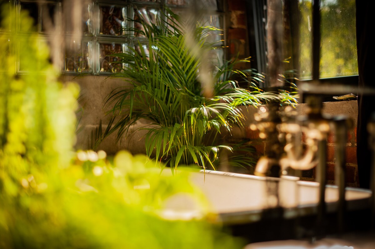 A lush green plant is visible in the foreground, complemented by a textured backdrop of brick and glass. Soft natural light filters through, highlighting the tranquil atmosphere. Elegant plumbing fixtures are partially seen, suggesting a blend of nature and rustic design.