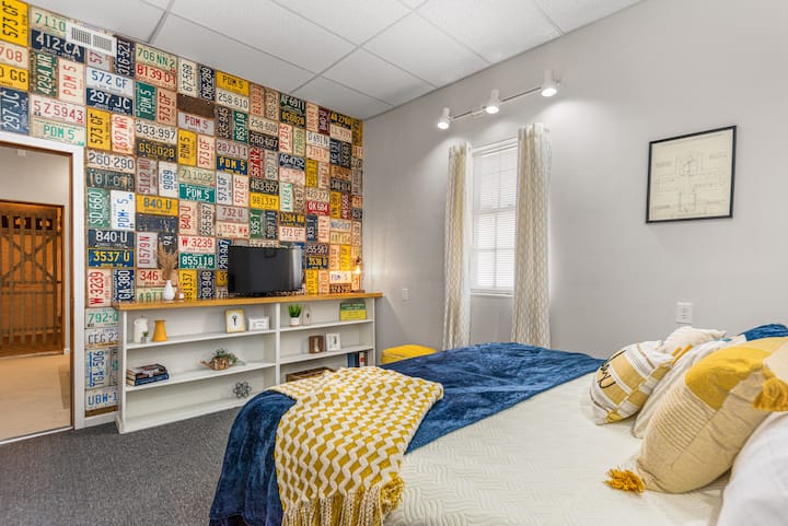 Bedroom featuring our license plate collection. Inmates behind bars in Ohio have been been making the state’s license plates since 1964.