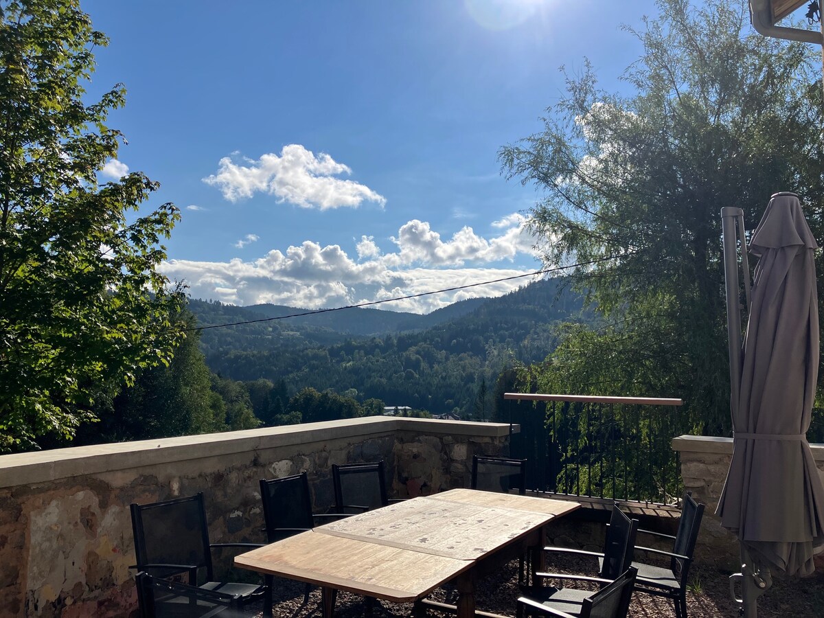 An outdoor terrace is shown, featuring a large wooden table surrounded by several black chairs. The area offers a panoramic view of the mountains and greenery under a clear blue sky, creating an inviting space for gatherings.