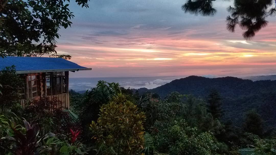 A cabin perched among lush greenery overlooks vibrant mountain views at sunset. The sky is filled with soft hues of pink and orange, blending with the distant hills. The surrounding flora adds natural touches to the peaceful landscape.