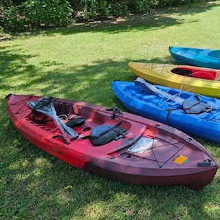 A variety of kayaks are arranged on the grass, showcasing vibrant colors including red, yellow, blue, and green. The kayaks are equipped with paddles and positioned for easy access, surrounded by lush green vegetation.