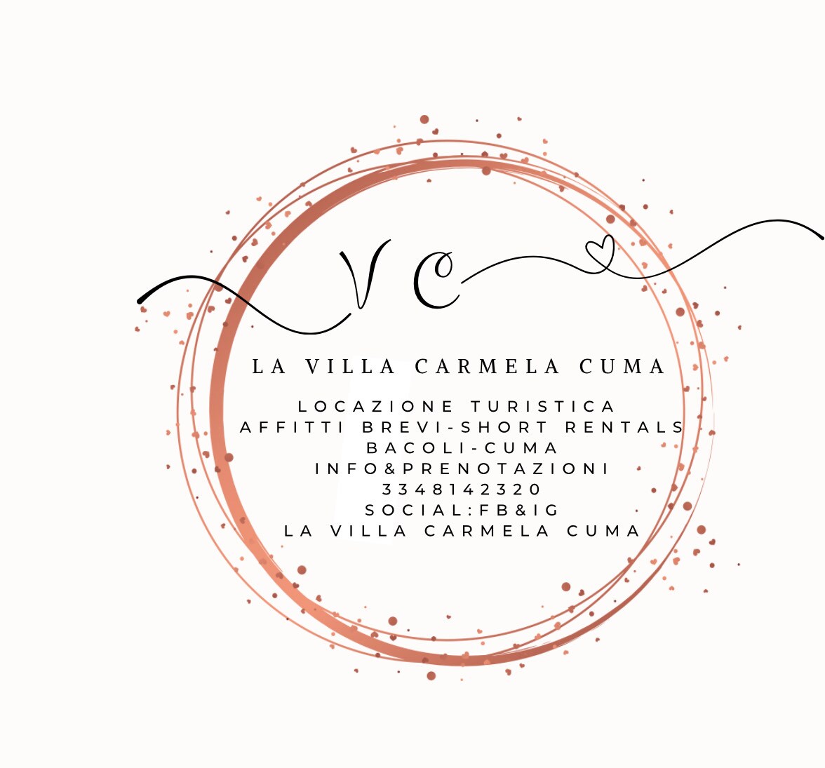 The image features a stylish logo for La Villa Carmela Cuma, showcasing the initials 'VC' with a heart design. Below the logo, contact information and social media links are presented in a clean, modern font, providing essential details for potential guests.