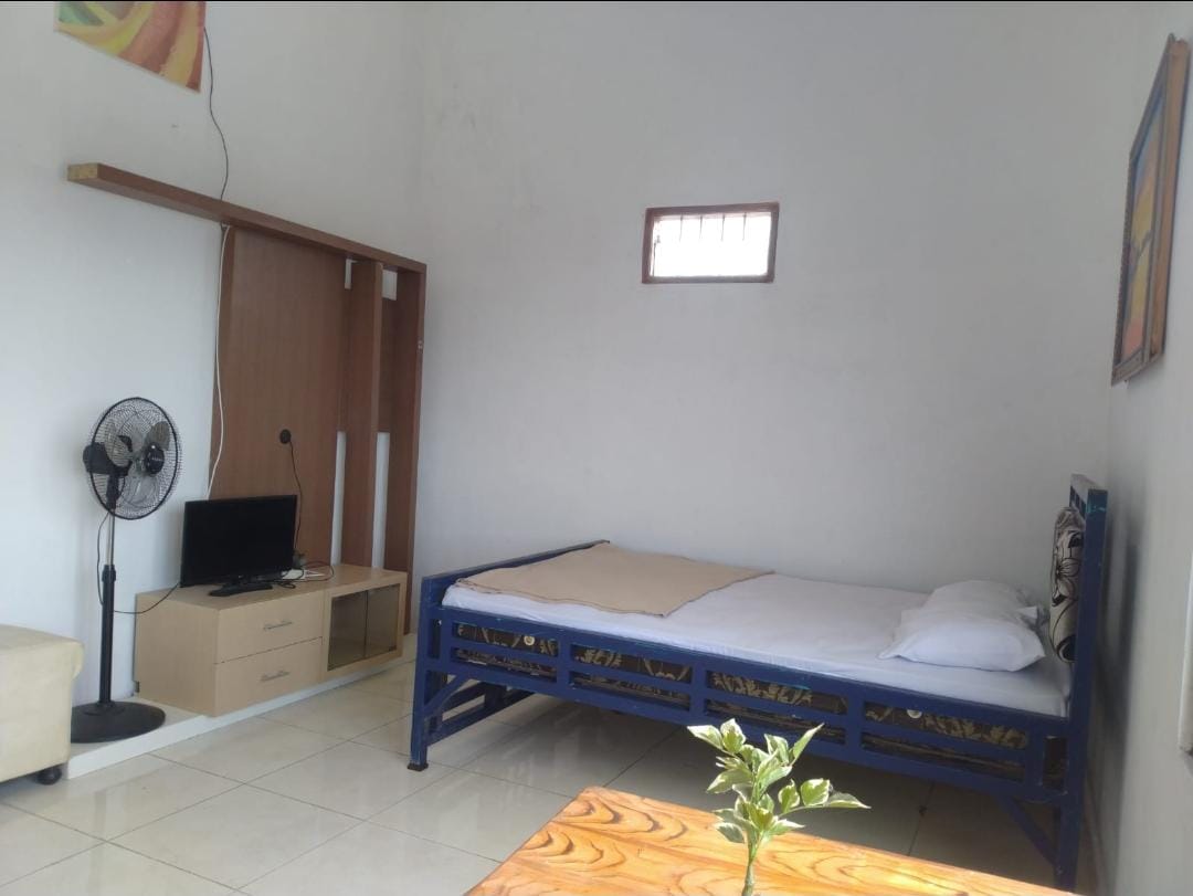 A simple room features a single bed with white linens, positioned next to a compact television unit. A fan is visible, providing airflow, while a small window allows natural light to enter. Minimalistic decor includes a small plant on a wooden table.