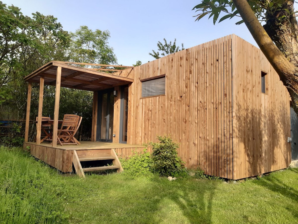 A wooden studio cabin features a covered terrace with two chairs, providing a space to relax outdoors. The building is surrounded by green grass and trees, highlighting its natural setting. Large windows allow for ample natural light in the interior.