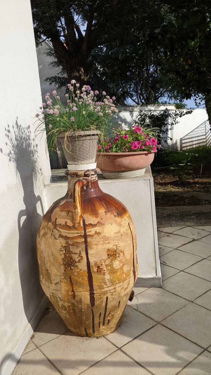 A large terracotta pot is positioned on a tiled surface, displaying a vibrant arrangement of flowers in a smaller pot atop it. Greenery surrounds the area, with sunlight casting shadows and highlighting the textures of the pot.