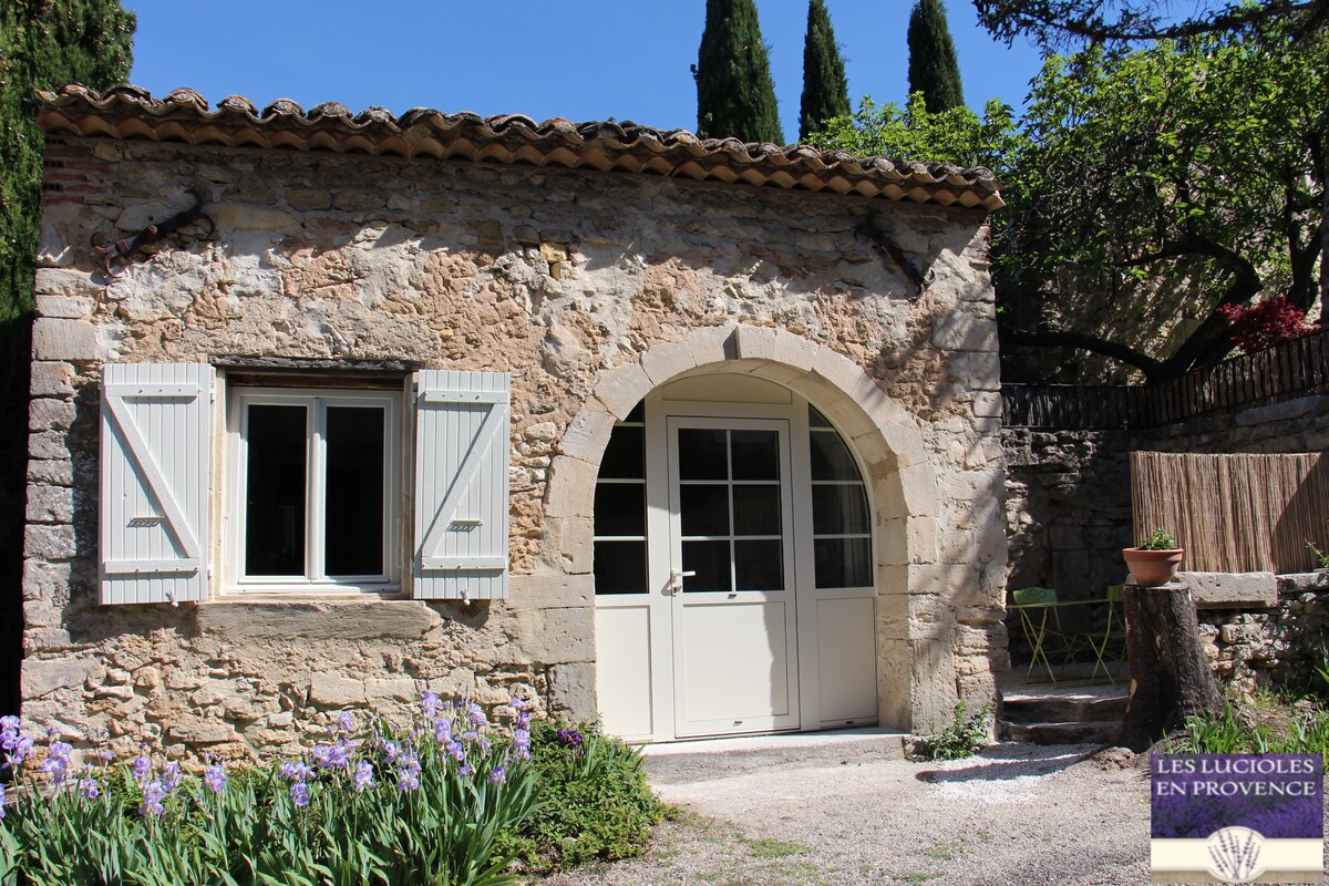 The entrance of the stone gîte is framed by light-colored shutters, providing an inviting view of the interior. A rounded archway leads to a double door, complemented by blooming purple flowers in the foreground. The surrounding area includes green trees and a gravel pathway.