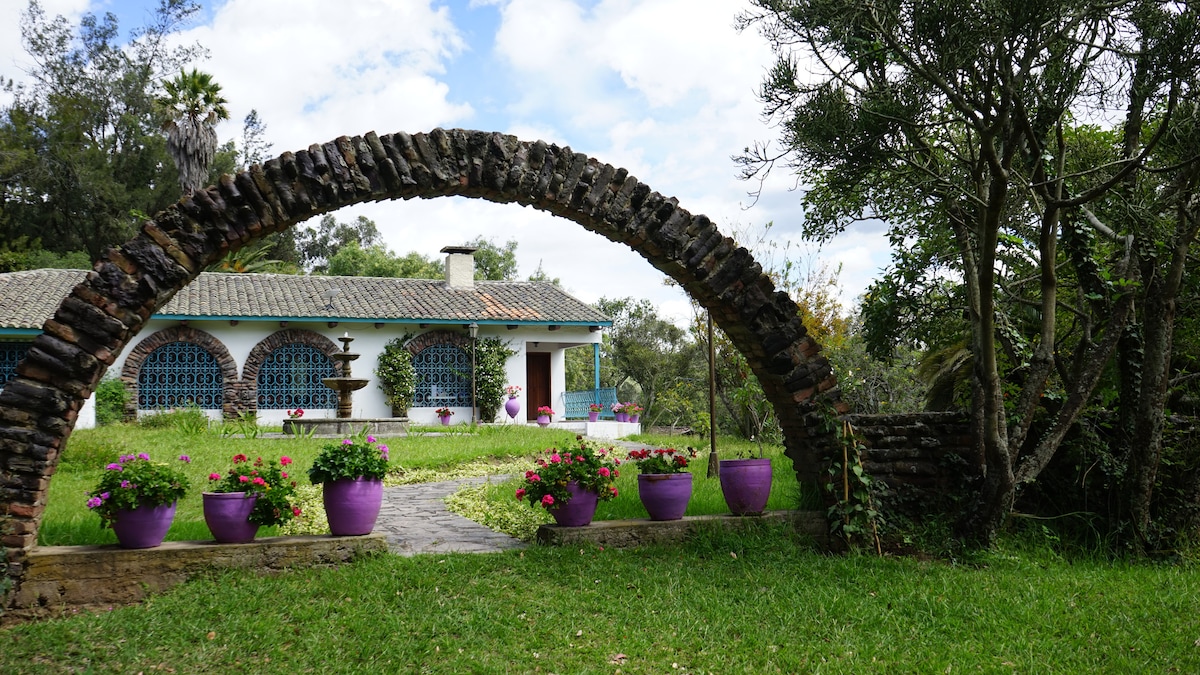 An arched stone entrance frames a pathway leading to a hacienda surrounded by vibrant green grass. Colorful flowerpots in purple sit along the path, enhancing the lush garden setting. A fountain can be seen in the foreground, contributing to the serene ambiance.