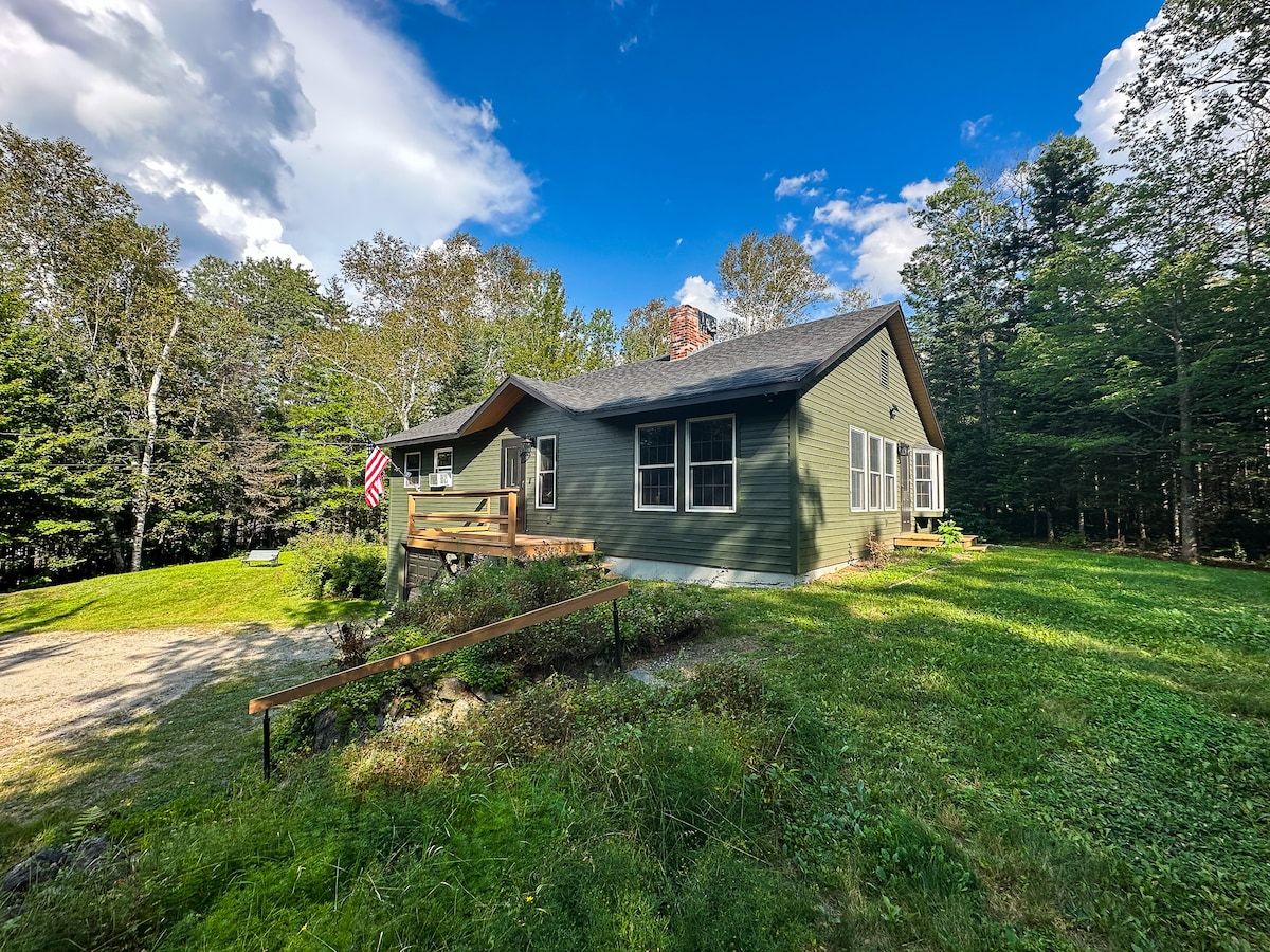 A single-story house is set against a backdrop of trees and clear blue skies. The exterior features a green facade with large windows. A welcoming front deck is visible, and a flag is displayed. Lush green grass surrounds the home, providing a sense of tranquility.