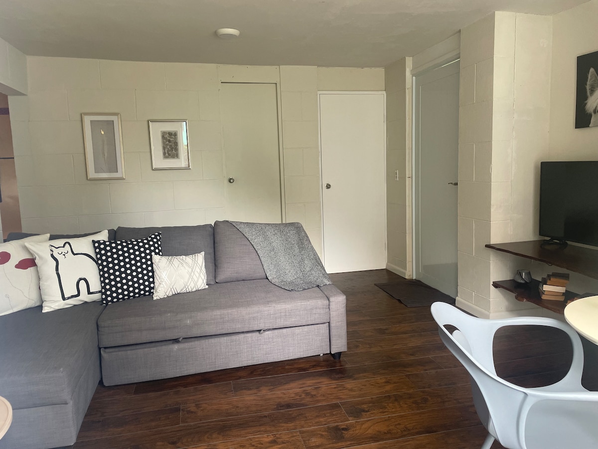 A comfortable living area features a modern gray sofa adorned with patterned pillows and a cozy throw blanket. Neutral walls and hardwood flooring create a relaxed ambiance, while a small dining table and a TV add to the functionality of the space.