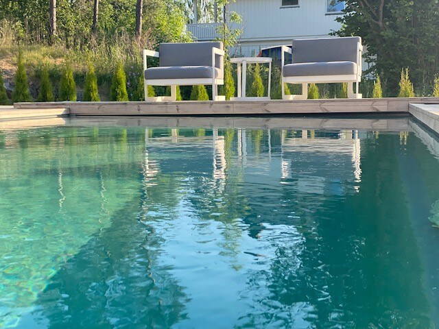 A serene outdoor pool reflects the surrounding greenery. Two comfortable chairs are positioned on a wooden deck beside the pool, creating a peaceful space for relaxation. The clear water invites a refreshing dip on warm days.