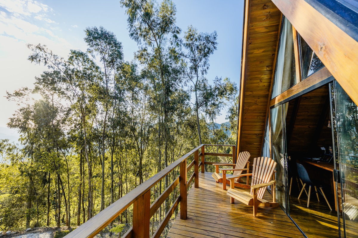 A wooden deck extends from the chalet, featuring two relaxed seating chairs. Tall trees provide a natural backdrop, complementing the expansive glass windows of the structure, which offer views of the surrounding landscape.