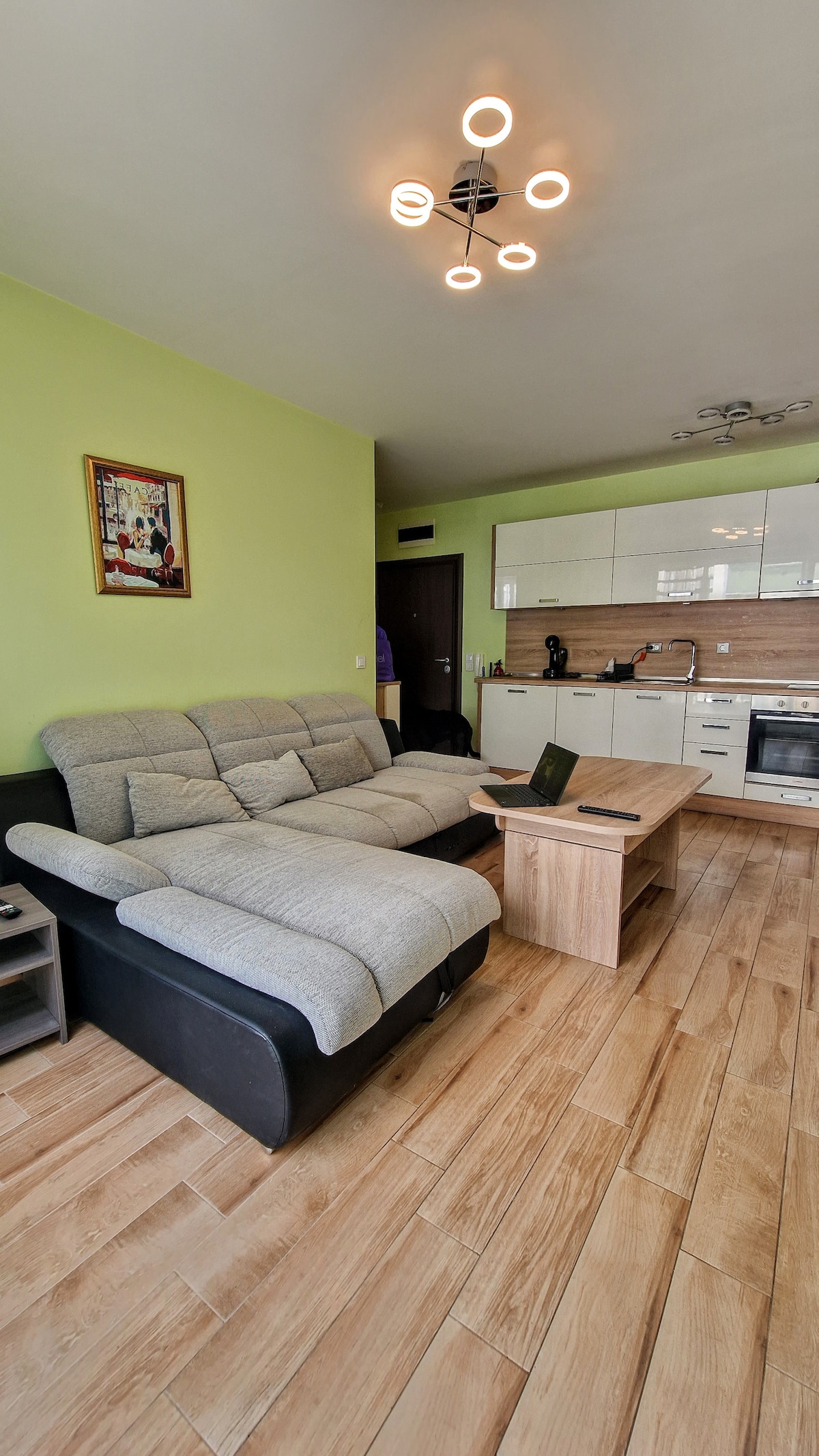 A contemporary living area features a large, plush sofa in a soft grey tone, positioned alongside a sleek wooden coffee table. The open layout includes a well-equipped kitchen visible in the background, with modern cabinetry and appliances. Soft green walls enhance the inviting atmosphere.