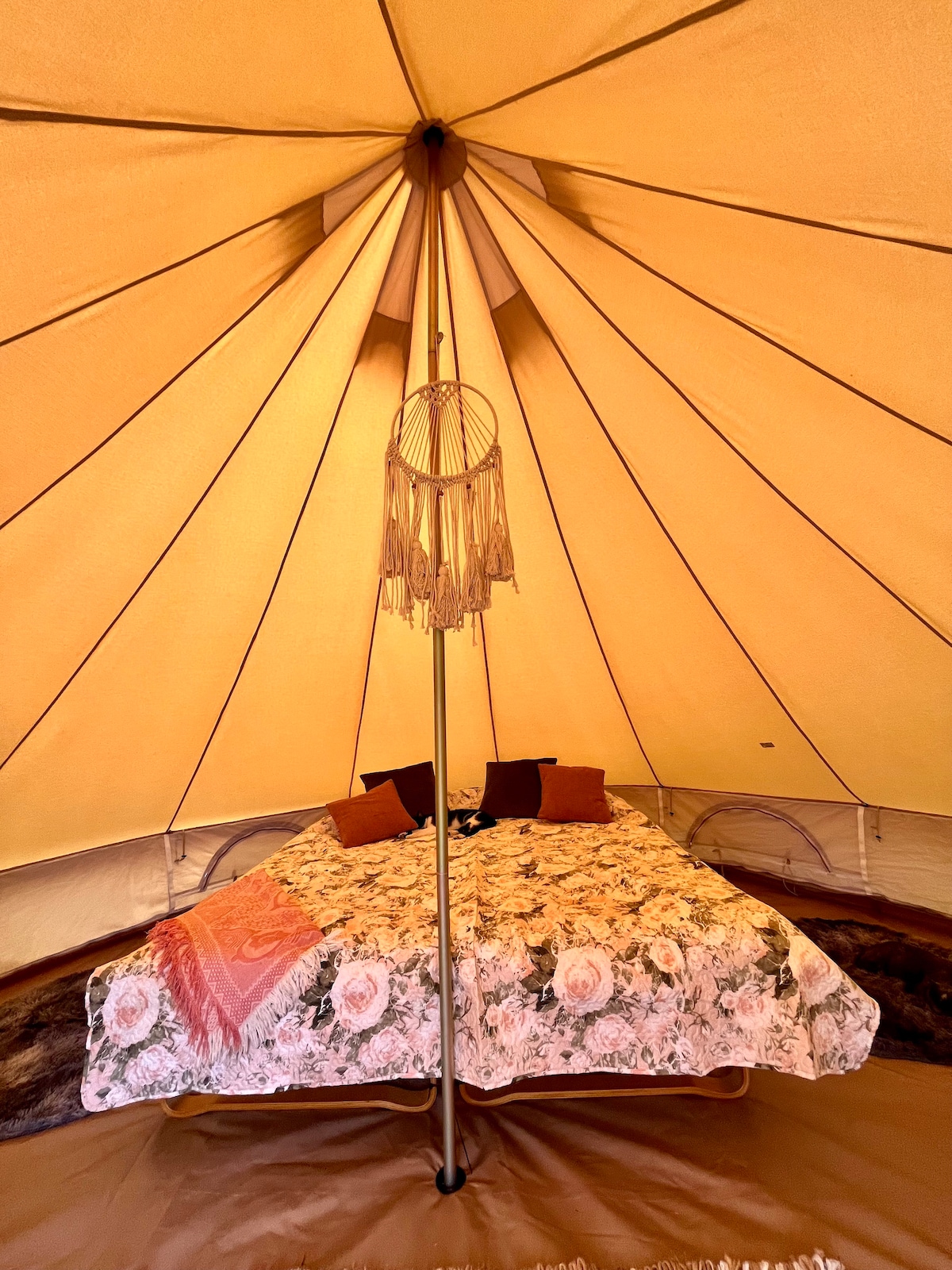 A spacious tent interior is characterized by warm yellow fabric, featuring a comfortable double bed adorned with a floral cover and accent pillows. A decorative hanging piece is suspended from the ceiling center, contributing to the overall cozy ambiance.